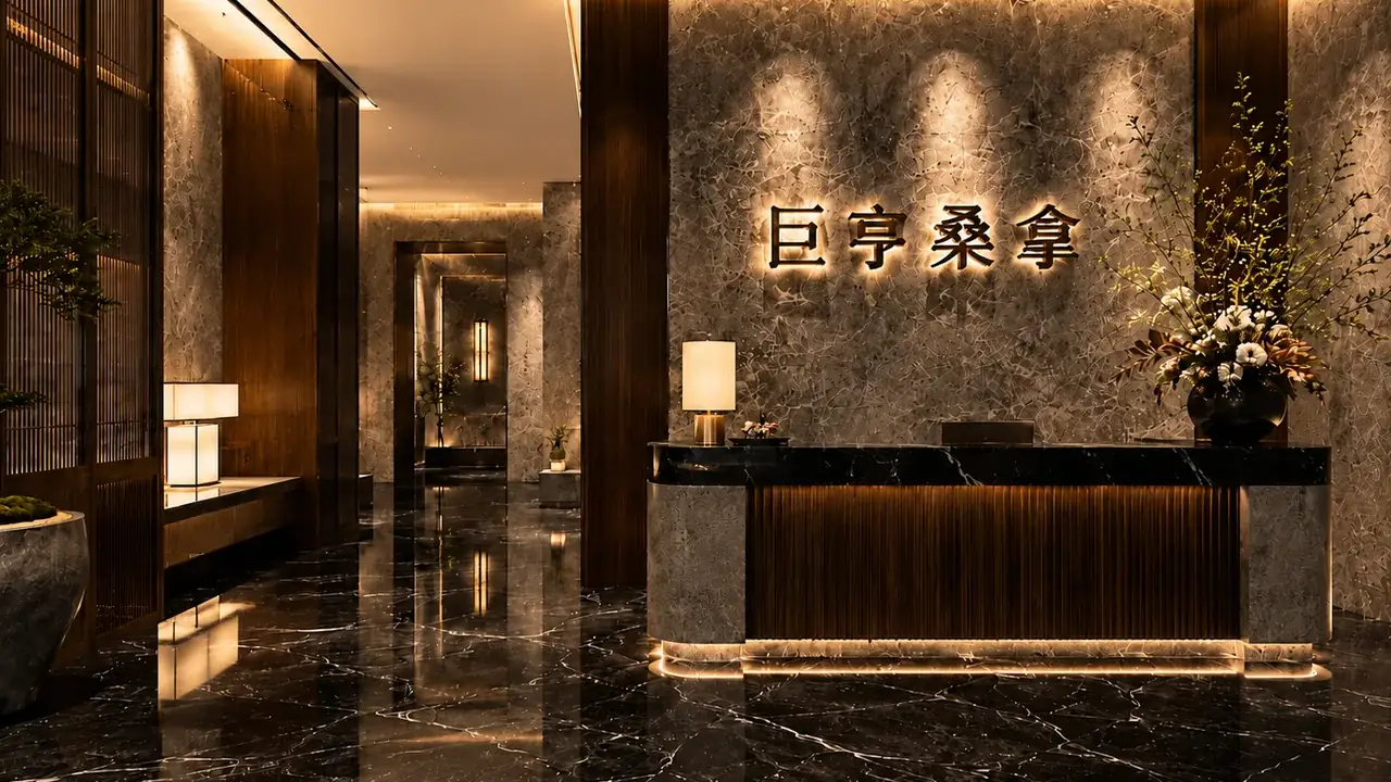 The lobby of Empire Sauna — dark marble flooring and the branded reception counter