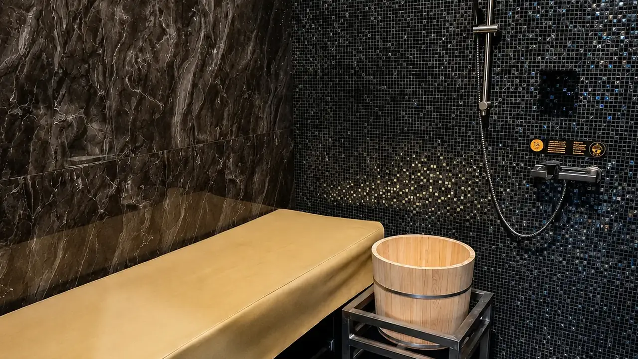 A shower room at Manhao Spa — black-and-gold mosaic walls with wooden buckets and a gold daybed