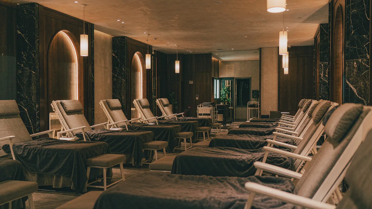 A Macau sauna lounge with rows of adjustable recliners and blankets under warm lighting.