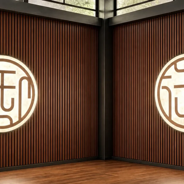 Two circular illuminated Yu emblems on a timber slat wall