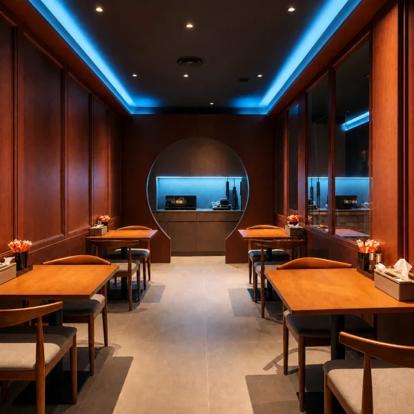 Warm timber dining lounge with tables, a circular serving opening and mirrored wall
