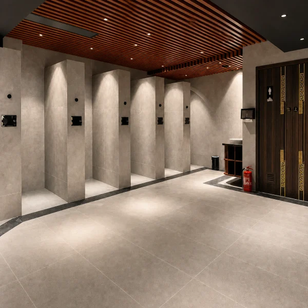Grey tiled bathing area with a row of partitioned shower stalls