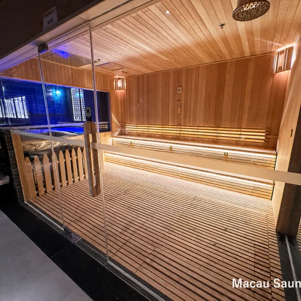 Glass-fronted timber dry sauna with stepped bench seating